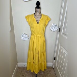 Magaschoni 100% Organic Cotton Tiered Flowy Midi Dress in Lemon Sz Large